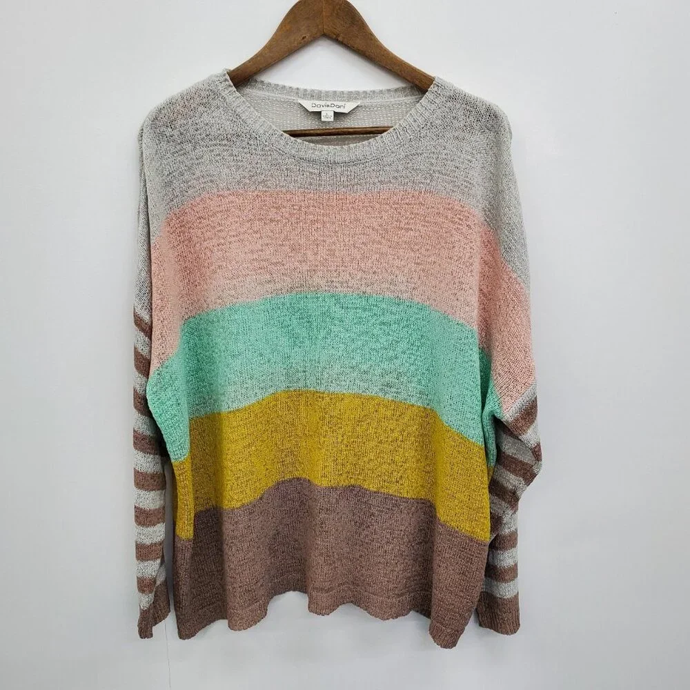 Davi & Dani Color Block Striped Sleeve Pullover Sweater L‎ Multicolor Knit Top